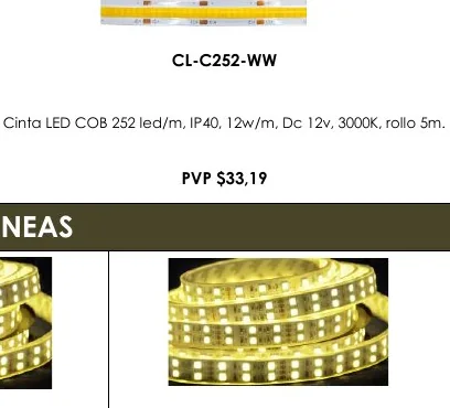 Cinta LED COB 252 Led/m, IP40, 12W/M, Dc 12V, 3000K, Rollo 5M. - CL-C252-WW