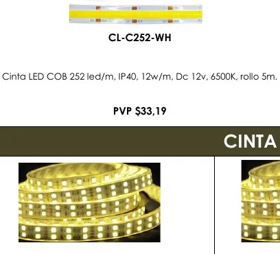 Cinta LED COB 252 Led/m, IP40, 12W/M, Dc 12V, 6500K, Rollo 5M. - CL-C252-WH