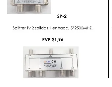 Splitter Tv 2 Salidas 1 Entrada, 5*2500MHZ. - SP-2