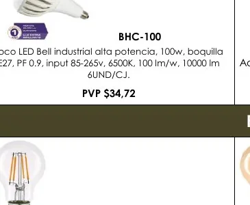 E27, PF 0.9, Input 85-265V, 6500K, 100 Lm/w, 10000 Lm Adaptador - BHC-100