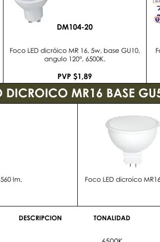 Foco LED Dicróico MR 16, 5W, Base GU10, Foco - DM104-20