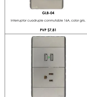 Interruptor Cuadruple Conmutable 16A, Color Gris. - GLB-04