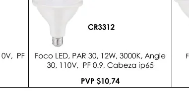 110V, PF Foco LED, PAR 30, 12W, 3000K, Angle Foco - CR3312