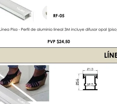 Línea Pisa - Perfil de Aluminio Lineal 3M Incluye Difusor Opal (piso) - RF-05