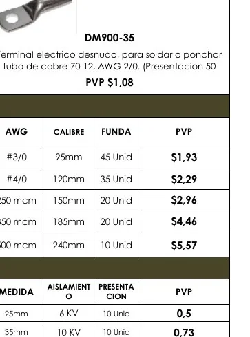 Tubo de Cobre 70-12, AWG 2/0. (presentacion 50 - DM900-35