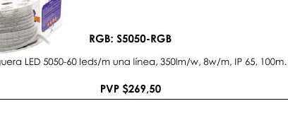Manguera LED 5050-60 Leds/m Una Línea, 350LM/W, 8W/M, IP 65, 100M. - S5050-RGB
