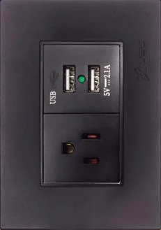 Tomacorriente Dual + USB, Linea Tempo Negro, 5V, 2,1A, Mf